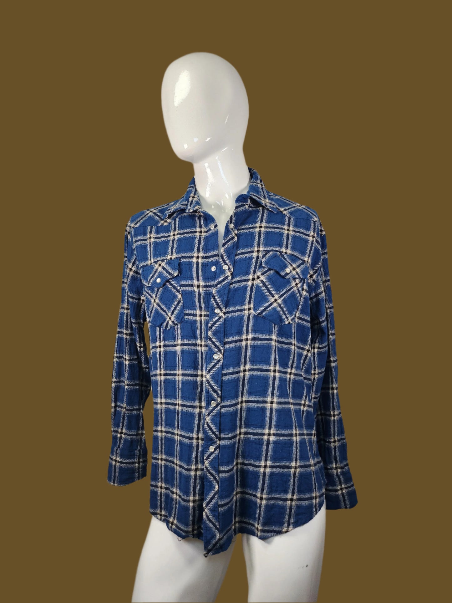 Wrangler Blue Plaid Flannel Pearl Snap Shirt